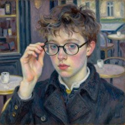 a did wearing glasses in a parisian cafe, impressionist painting, detaild, museum, masterpiece