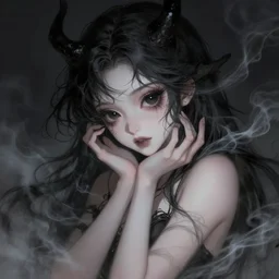 portrait of demon girl by tim okamura, dreamy and ethereal, expressive pose, big black eyes, exciting expression, fantasy, intricate, elegant, dark and moody smoke, highly detailed, digital painting, artstation, concept art, smooth, sharp focus, illustration