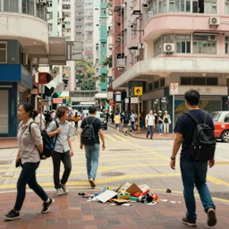 a messy portrait of a busy hong kong street corner filled with pedestrians, in the style of carne griffiths