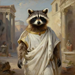 a raccoon wearing a toga in a ancient roman city, oil painting