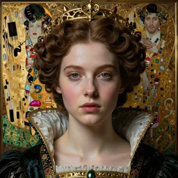 beautiful young medieval queen face centered portrait by zdzisław beksinski, james jean, jean delville, iris van herpen, gustav klimt, and raymond swanland, hyperdetailed realistic smooth polished porcelain, art nouveau, ornate gothic icon with heavy patina, ultrasharp hyperdetailed photorealistic octane render