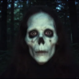 corpse face looking at camera in forest at night, 70s photo, out of focus, motion blur, cctv footage, horror movie, horror lighting, blair witch project, old photo