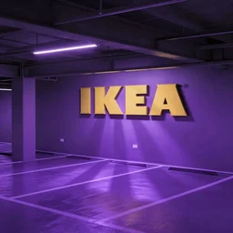 nostalgic lonely underground IKEA parkinglot, purple colored lighting.