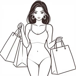 illustration vector fine line art of pretty face sexy shopping girl with shopping bags,trending on shutterstock