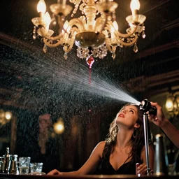 blood dripping from a chandelier in a bar. film grain. rain. blurry chandelier. sexy bartender looks up at the fire sprinklers that are spraying. film grain. professional photography