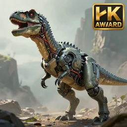 detailed concept art of a cyborg dinosaur by james gurney in the style of yoshitaka amano, depth of field, unreal engine, 8 k, sharpness, artstation, award - winning realistic sci - fi concept art, in the style of james gurney.
