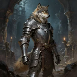 a wolf fursona anthro thief with medieval guard armor is exploring the grimdark dungeon depths. trending on artstation and pixiv. a vibrant digital oil painting. a highly detailed fantasy character illustration by wayne reynolds and charles monet and gustave dore and carl critchlow and bram sels
