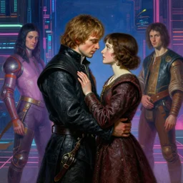 attractive handsome fully clothed jaime lannister confesses his love for attractive brienne of tarth. centered composition. highly detailed painting by gaston bussiere and j. c. leyendecker and william adolphe bouguereau and fra angelico and octane render, cyberpunk art by james gilleard, cgsociety, retrofuturism, synthwave, retrowave, outrun musee d'orsay 8 k