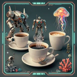 coffe time on the office design only! 2 0 5 0 s retro future art 1 9 7 0 s science fiction borders lines decorations space machine, mech, robot. muted colors. by jean - baptiste monge, ralph mcquarrie, marc simonetti, 1 6 6 7. mandelbulb 3 d, fractal flame, jelly fish, coral, cinematic lightning