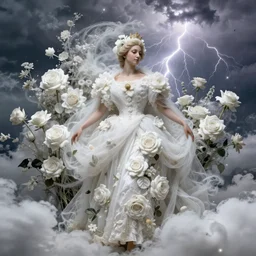 botticelli Bouguereau conjoined the queen with a white large magnificent more and more vaporous ,wrapped ,hight decorated,detailed ,white roses cotton dress shooting surrounded by a bouquet of abstract white flowers and clouds during lightning storm ,surrealism,8k