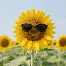 A photograph of a sunflower with sunglasses on in the middle of the flower in a field on a bright sunny day