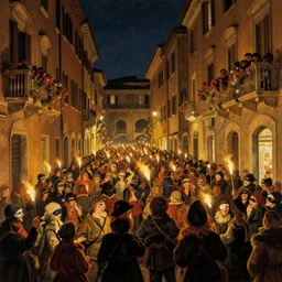 streets of rome during carnival at night in 1 7 9 9, painted in the style of goethe, with crowds carrying small torches, trying to extinguish those of the neighbors, everybody masked, crowded decorated and lit balconies, great joy and mess