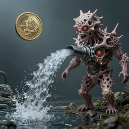 a stream of water entering a fractal humanoid machine and producing a coin in the style of H R Giger
