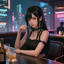 Cinematography, anime girl in a bar, cyberpunk city, hyper detailed, 4k