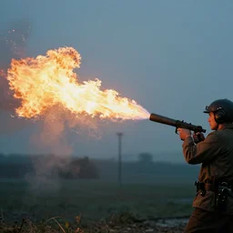 a guy firing from a flamethrower napalm, film footage porta 4 0 0 golden, epic burst of fire, cinematic contrast shot
