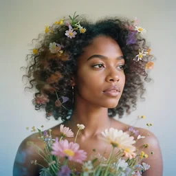 double exposure photograph of a black woman and dreamy flowers in volumetric lighting