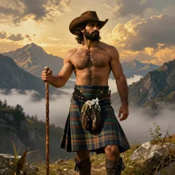 a dramatic epic beautiful painting of a hairy handsome shirtless desi man in the mountains | he is wearing a scottish plaid kilt and cowboy hat, and holding a walking stick | background is mountains! and clouds | dramatic lighting, golden hour, homoerotic | by mark maggiori and walter crane | trending on artstation