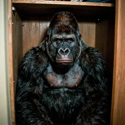 grainy photo of a gorilla as a creepy monster in a closet, harsh flash