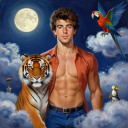 painting portrait of a ( ( ( tequila ) ) ), ( ( guapo joven joe jonas macho as a tiger ) ), nubes y magia, la luna, parrot, concept character, by greg rutowski and tezuka and oi and mucha and bierstadt and remington, trending on artstation