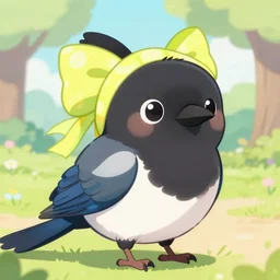 a cute anthropomorphic magpie girl anthro wearing a lemon lime ribbon, park background, very anime!!! kawaii!! furry!! intricate details, aesthetically pleasing pastel colors, scenic background, art by conrad roset and ilya kuvshinov. trending on deviantartstation