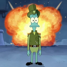 squidward as a military leader with explosions behind him