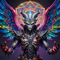 4K headshot of godlike Alien with defined arms and open hands and bloody clothes with vibrantly colored giant mandala wings , intricate face , flawless anime cel animation by Kentaro Miura, psychedelic , highly detailed upper body , professionally post-processed , beautiful, scary, symmetry accurate features, epic, octane rendered, anime masterpiece, accurate