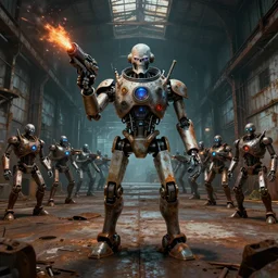 a robot mad scientist overlord, a robot army, inside a huge rusty warehouse, raygun gothic, atomic punk, digital art