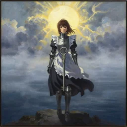 anime key visual of wanderer above the sea of fog 1 8 1 8 but figure is anime maid in armor set in grimdark fantasy with shoulder - length brown hair, sunrays between clouds, in the style of jamie wyeth james gilleard edward hopper greg rutkowski acrylic painting, oil on canvas, preserved museum piece, historical