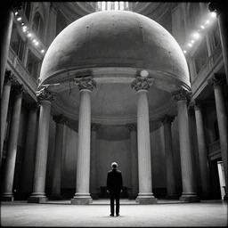 movie still of a big spherical hall with columns, cinestill 8 0 0 t black and white, by andrei tarkovsky, heavy grain, high quality, high detail, ultra wide lens, cinematic composition, dramatic light, lens flares, anamorphic