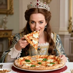 a beautiful historical photo of royal queen margherita of savoy eating a pizza margherita, intricate ornaments in background, black and white photo, sharp focus, smooth lighting, torn edges
