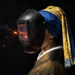 a woman's face in profile, welding mask, embers, in the style of the dutch masters and gregory crewdson, dark and moody