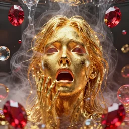 vivid conceptual dream of resonating fear, gold, ruby, glass, water, vaporwave, HDR, octane render, 8k, 4k