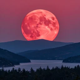 big red moon rising above horizon with mountains behind lake, long shot, epic, colossal scale, beautiful fine, intricate high details, sharp, ultradetailed, beeple, octane render trending on artstation