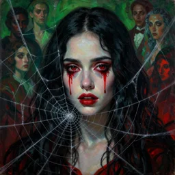 a beautiful terrifying painting dark gothic ana de armas red tears close up woman in a spider web, green, red and black hues by raymond swanland, gaston bussiere craig mullins alphonse mucha basil gogos norman rockwell takato yamamoto, jack kirby, ruan jia, roberto ferri, monet, by wlop, moebius syd mead roger dean