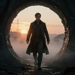 sci-fi time traveler, entering through a portal into another dimension, hdr, glowing, misty soft, sunset, Chris Nolan cinematography style, dark, cinematic, cinema lighting, highly detailed, ultra realistic, cinematic lighting, 8k