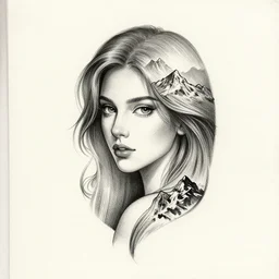 tattoo design sketch of a blend between a beautiful woman face and beautiful mountains, hyper - realistic, in the style of den yakovlev, amazing detail, black and white