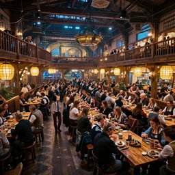 crowded cyberpunk oktoberfest beer hall, detailed, wide angle, realism 8k HDR
