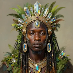 upper half portrait of retro futuristic african tribal chief - embellished with vegetation and iridescent crystals, art by paschal blanche, highly detailed, digital painting, concept art, illustration, smooth sharp focus, intricate, symmetry, artstation, colourful,
