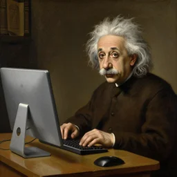 A renaissance painting of Albert Einstein writing on a modern computer