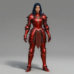 Lady in Red armor, Dark blue hair, gorgeous latina face, light brown skin, green eyes, practical armor, ornamental, symmetry, by donato giancola, by RossDraws, by leng jun, matte painting, D&D, high fantasy, full body picture, no extra limbs, no extra character, trending on artstation artstationHQ, artstationHD, octane, cgsociety, full body armor, realistic