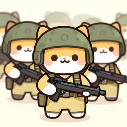 An illustration of platoon of cute little anthropomorphic WAR KITTENS holding rifles and wearing helmets.