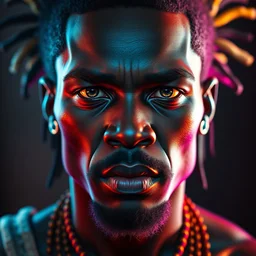 a breathtaking vibrant colorful head and shoulders portrait of the face of a strong tribal african, zoom out, immersive digital art experiences, glowing lights, magic details, by moebius, edward hopper, james gilleard, and james jean, hd, 8 k, trending on artstation, uhd,