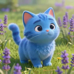 cute blue cat in grassy field with lavender growing, disney pixar movie, 3 d render, octane render, cinematic lighting, intricate, decadent, highly detailed, digital painting, octane render, artstation, concept art, smooth, sharp focus, illustration,