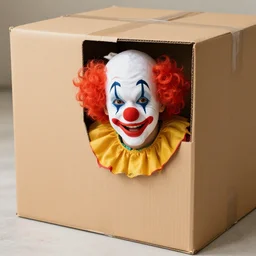 a cardboard box with a clown peeking out if it, realistic
