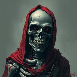 zombie warrior portrait by greg rutkowski, skeleton, metal mask, red fabric, torn clothes, blood stains, pastel style, black and red color scheme