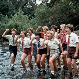 7 0 s film still from a horror movie about teenagers yelling next river, kodachrome, cinecolor, cinestill, film grain, film texture, retro, cinematic, high resolution, photorealism,