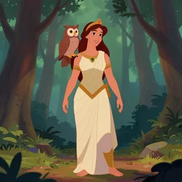 full body shot of the goddess athena with owl on shoulder, pine forest, cel shaded vector art, toon shading, behance, hd, by ilias kyriazis, disney princess, disney animation still