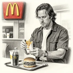 Jimmy McGill ordering food at a McDonald's, HDR, 4, highly detailed, pencil sketch