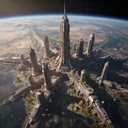 massive space future city on a planet surface, photoreal, dramatic, cinematic, detailed, magnificiant, realistic, photo real, unreal engine 5, rule of thirds, dynamic lighting, in the style of horizon zero dawn, raphael lacoste, alex ross, eddie mendoza, sebastian luedke