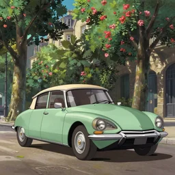 a wholesome animation key shot of!! one!! focused!! 1 9 7 4 citroen ds!! in a tree lined beautiful paris street, medium shot, studio ghibli, ( pixar ) and disney animation, sharp, very detailed, high resolution, rendered in unreal engine 5, anime key art by greg rutkowski, bloom, dramatic lighting